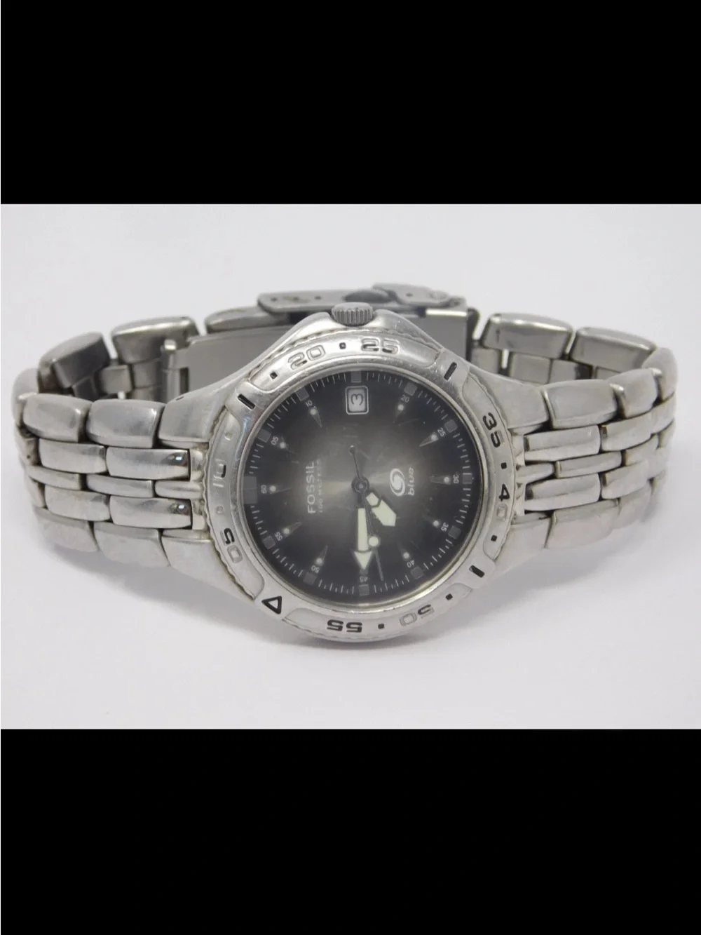 Fossil Blue Mens Watch AM-3624 Vintage Luminous Stainless Steel Black Dial 100m